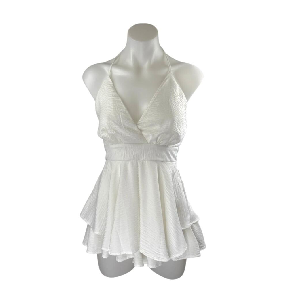 Lovesong White Sleeveless V Neck Tiered A Line Flare Tie Romper Shorts Size S